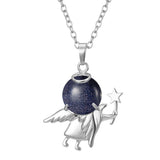 Angel Holding Natural Crystal Ball Pendant Necklace, Silver‑Plated Metal Angel Figurine Spherical Gemstone Charm Reiki Healing Spiritual Jewelry for Women Gift