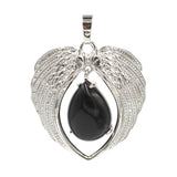 Natural Crystal Angel Wings Pendant | Teardrop Gemstone Heart Amulet Charm | Silver Alloy Feather Wing Quartz Droplet Jewelry Findings for DIY Making