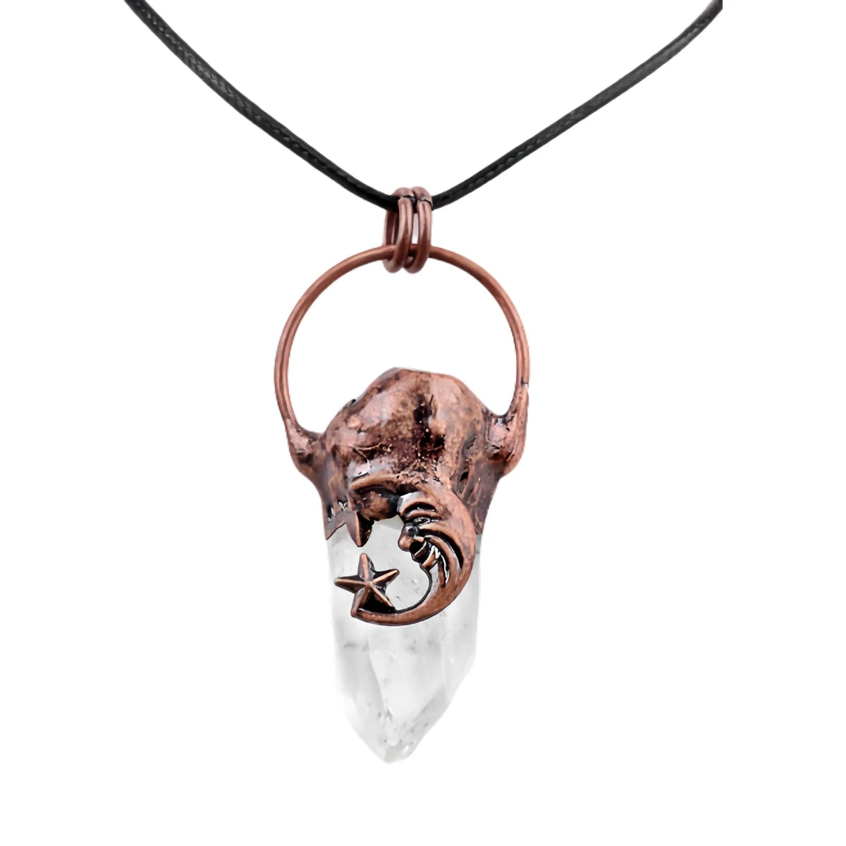 Retro Moon & Star Copper Pendant Necklace | Clear Quartz Crystal Point Tribal Human Face Jewelry for Spiritual Gifts