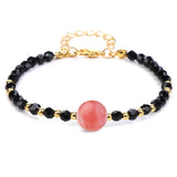 4mm Faceted Black Crystal Beaded Bracelet with 10mm Natural Stone Center Bead Gold Plated Adjustable Extension Chain Chakra Healing Bracelet for Women