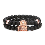 Luxury Matte Black Agate Stone Bead Bracelet Set - 8mm Couples Distance Friendship Bracelets with Silver Lion Head & Crown Charms