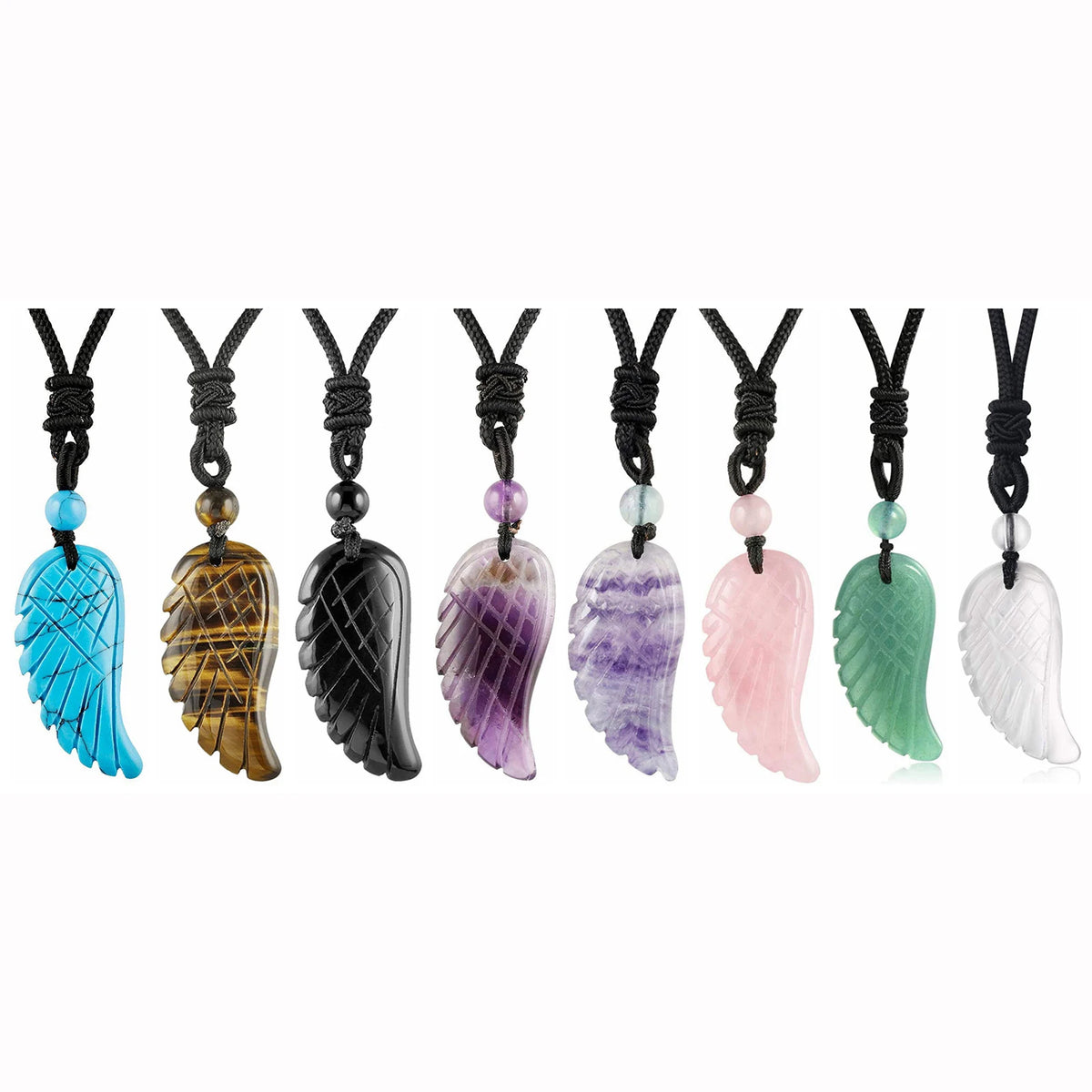Natural Gemstone Angel Wing Pendant Necklace, Hand Carved Crystal Wing Stone Necklace with Adjustable Rope Cord, Healing Crystal Jewelry Gift for Women Men