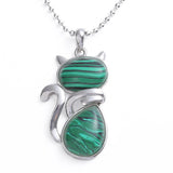 Natural Gemstone Cat Pendant Silver‑Tone Alloy Animal Charm Double Teardrop Inlaid Crystal Stone 22×40mm Chakra Reiki Healing Pendant for DIY Necklace Jewelry Making Bulk