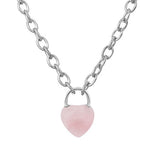 Natural Crystal Heart Lock Pendant Necklace, Gemstone Love Charm with Alloy Chain for Men & Women