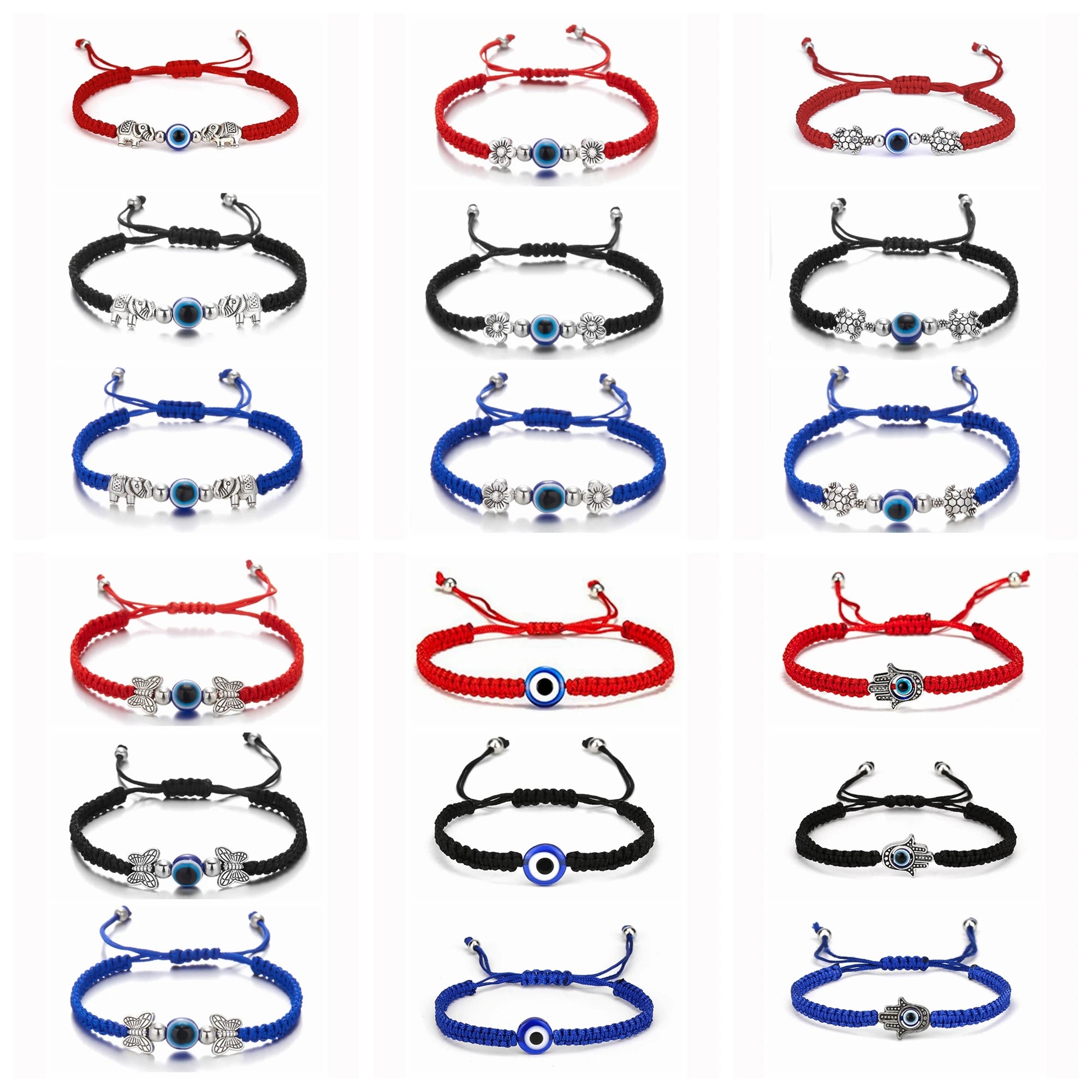 Adjustable Evil Eye Braided Rope Bracelet with Silver Elephant Charm Turkish Lucky Protection Red Black Blue String Bracelets for Women Men Amulet Jewelry