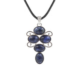 5 Stones Oval Crystal Scroll Wire Pendant Necklace, Silver Swirl Frame Natural Gemstone Black Wax Cord Boho Chakra Jewelry