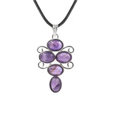 5 Stones Oval Crystal Scroll Wire Pendant Necklace, Silver Swirl Frame Natural Gemstone Black Wax Cord Boho Chakra Jewelry