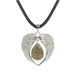 Vintage Silver Angel Wings Heart Necklace - Natural Stone Wax Cord Teardrop Pendant for Men & Women, Spiritual Gift