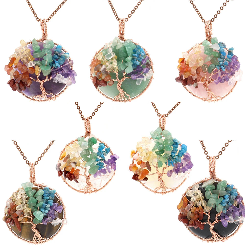 Chakra Tree of Life Wire Wrapped Pendant, Natural Crystal Chip Stone Round Pendant 45mm, Rose Gold Copper Handmade Wrapped Healing Reiki Crystal Necklace Pendant for Jewelry Making Gift