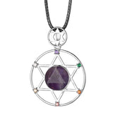 7 Chakra Hexagram Natural Crystal Pendant Necklace, Sacred Star of David Gemstone Black Wax Cord Necklace Reiki Energy Spiritual Boho Jewelry Gift for Men Women