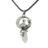 Gothic Star Moon Cat Crystal Necklace, Natural Gemstone Hexagonal Point Pendant, Vintage Silver Crescent Moon Choker with Black Cord for Women
