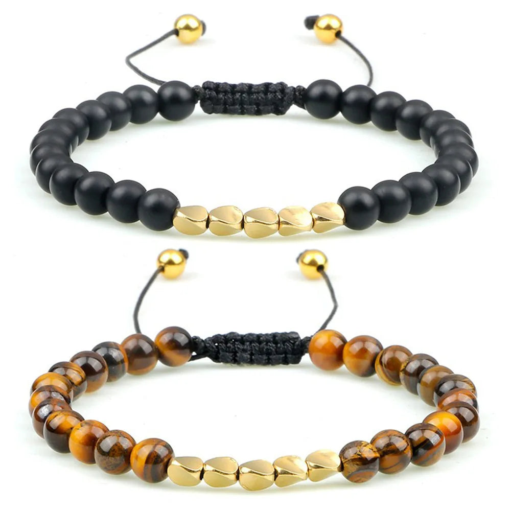 Men Natural Tiger Eye Black Onyx Lava Rock Bracelet, Adjustable Slider Braided Rope Beaded Bracelet with Gold Spacer Beads Energy Healing Wrist Jewelry