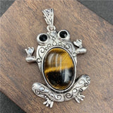 Antique Silver Frog Pendant Inlaid Natural Crystal Cabochon, Multi Gemstone Animal Totem Charm for Trendy Women Necklace DIY Jewelry Making