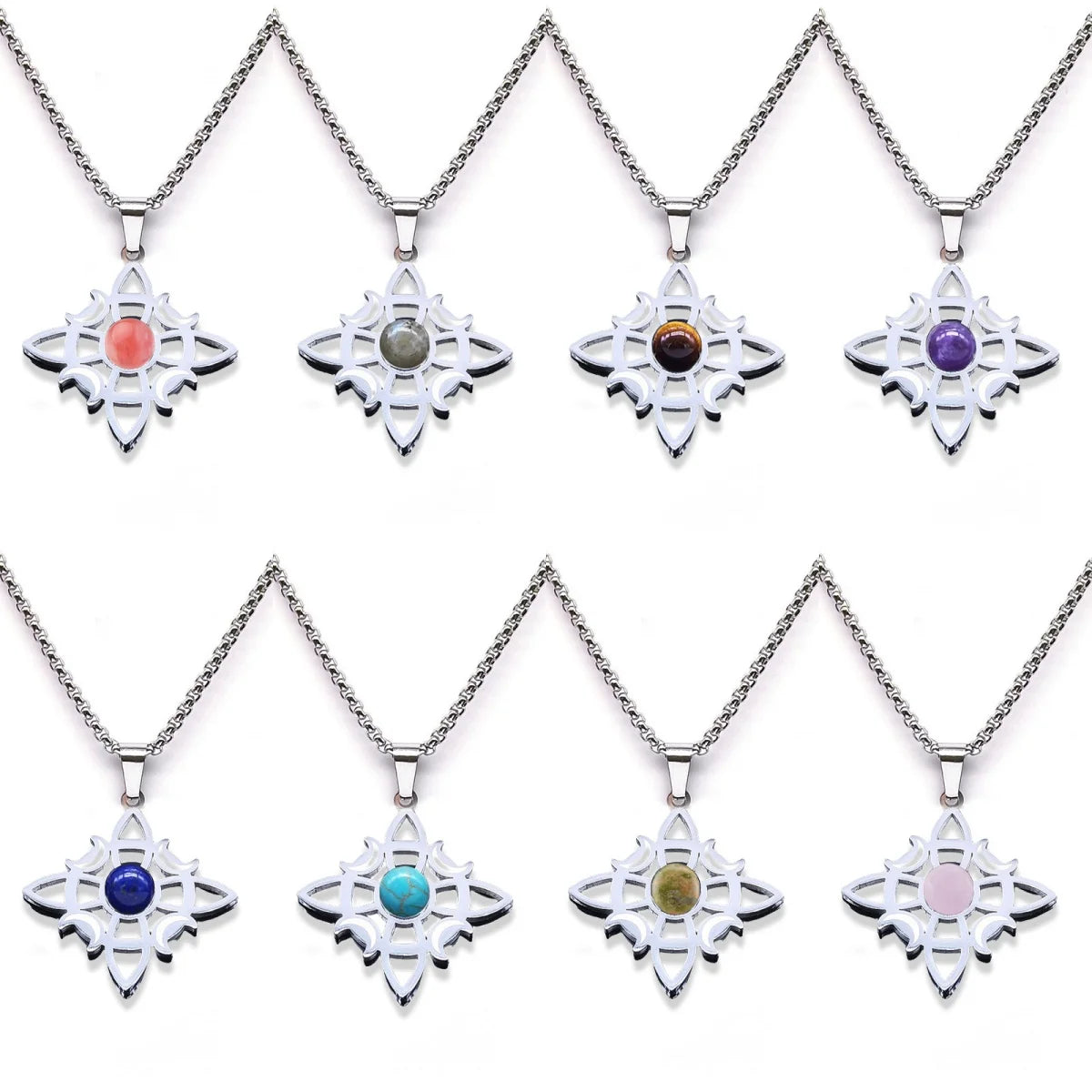 Stainless Steel Witch’s Knot Gemstone Necklace  Celestial Moon Goddess Pendant - Wiccan Protection Jewelry for Women & Men