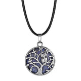 Owl Family Tree of Life Gemstone Necklace – 30mm Round Natural Stone Pendant with 18-Inch Leather Cord