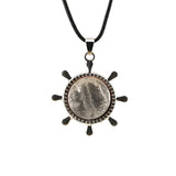 Nautical Ship Wheel Cord Necklace • Casual Silver Mariner Helm Pendant with Natural Gemstone Sphere • Unisex Rugged Black Leather Rope Jewelry