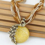 Boho Multi‑Strand Thread Cord Necklace, Vintage Carved Round Stone Ball Pendant Necklace, Ethnic Handmade Statement Necklace for Women 47.5cm
