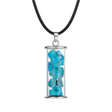 Bohemian Wish Bottle Crystal Necklace, Stainless Steel Frame Clear Glass Vial Pendant Natural Tumbled Stone Chips Inside Adjustable Black Rope Necklace Gift
