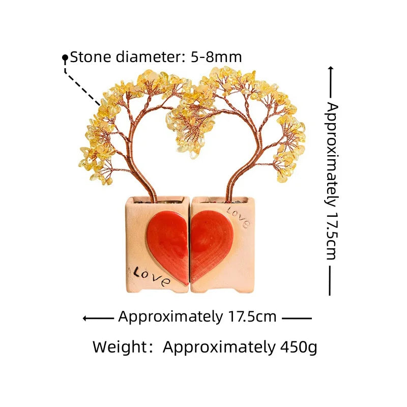 Handmade Heart-Shaped Double Citrine Crystal Tree | Love Theme Feng Shui Copper Wire Gemstone Decor with Ceramic Base for Couple Gifts