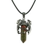 Gothic Winged Dragon Hexagonal Crystal Point Necklace, Vintage Silver Pterosaur Column Pendant, Punk Minimalist Protection Amulet with Black Rope Cord for Men & Women