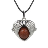 Angel Wing Heart Crystal Ball Pendant Necklace Silver Plated Natural Round Stone Chakra Healing Black Wax Cord Necklace for Women