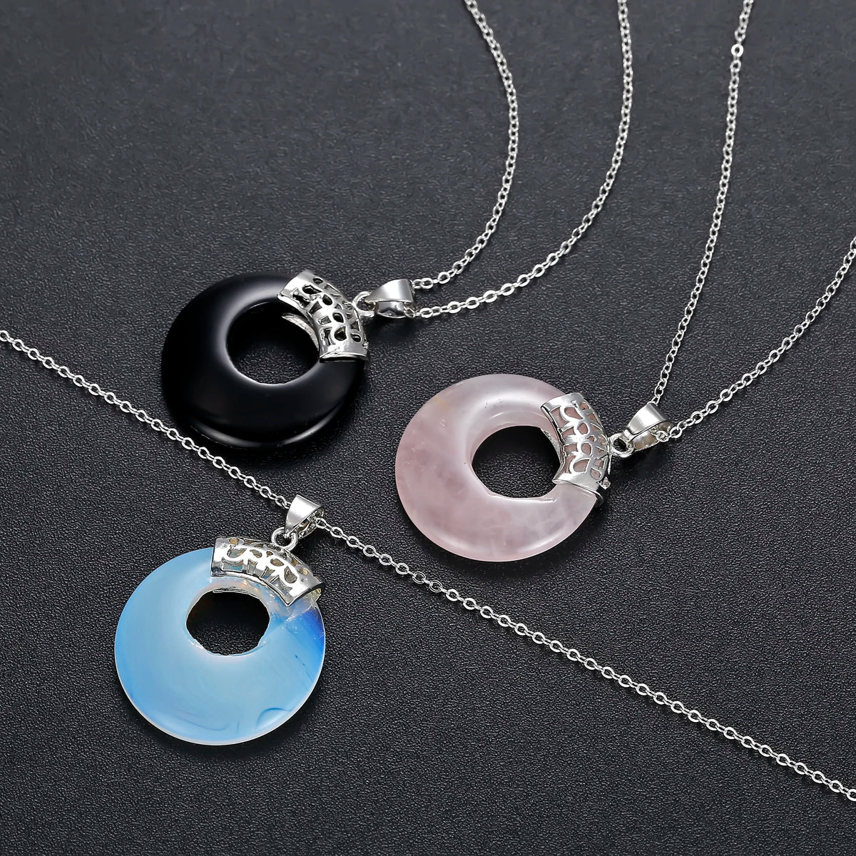 Natural Gemstone Donut Pendant, Hollow Circle Peace Stone with Crown Silver Bail, 39×28mm Ring Crystal Charm, Reiki Healing Stone Necklace Pendant