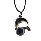 Bohemian Silver Marine Dolphin Cord Necklace • Cute Sea Animal Crystal Sphere Holder Pendant • Unisex Surf Coastal Beach Wear Jewelry Gift