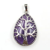 Teardrop Tree of Life Crystal Pendant Necklace Multi Color Natural Gemstone Silver Plated Healing Stone Charm Jewelry for Women Gift