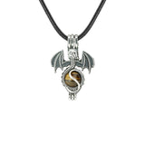 Gothic Stainless Steel Pterosaur Dragon Crystal Holder Necklace • Antique Silver Gemstone Ball Urn Pendant • Unisex Retro Punk Jewelry