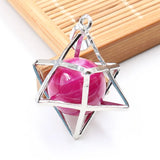 Merkaba Star Cage Natural Sphere Crystal Pendant Necklace, Silver‑Tone Metal Hollow Star Frame with Round Gemstone Bead Reiki Chakra Healing Necklace for Women