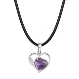 Natural Crystal Hollow Heart Pendant Necklace, Gemstone Charm with Black Rope for Women