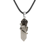 Vintage Rose Wrapped Crystal Pendant Necklace • Hexagonal Bullet Stone Charm • Boho Black Cord Healing Quartz Spiritual Jewelry