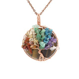 Chakra Tree of Life Wire Wrapped Pendant, Natural Crystal Chip Stone Round Pendant 45mm, Rose Gold Copper Handmade Wrapped Healing Reiki Crystal Necklace Pendant for Jewelry Making Gift
