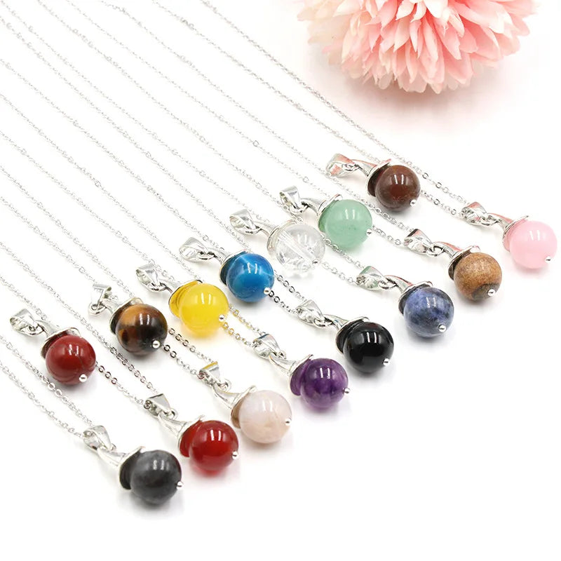 Antique Silver Witch Hat Natural Crystal Sphere Pendant Necklace, Mini Wizard Cap Round Gemstone Chakra Healing Jewelry for Halloween Christmas Gift