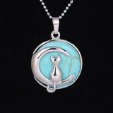 Round Natural Gemstone Pendant Silver Tone Crescent Moon Cat Crystal Charm for DIY Jewelry Making Necklace Craft Supplies