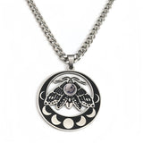 Vintage Moth Moon Phase Necklace - Gothic Stainless Steel Gemstone Amulet - Witchy Celestial Insect Jewelry for Women & Men