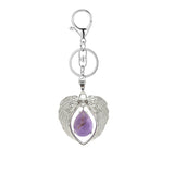 Silver Angel Wings Heart Keyring - Natural Stone Teardrop Crystal Keychain for Purse, Backpack, Handbag, Car Keys