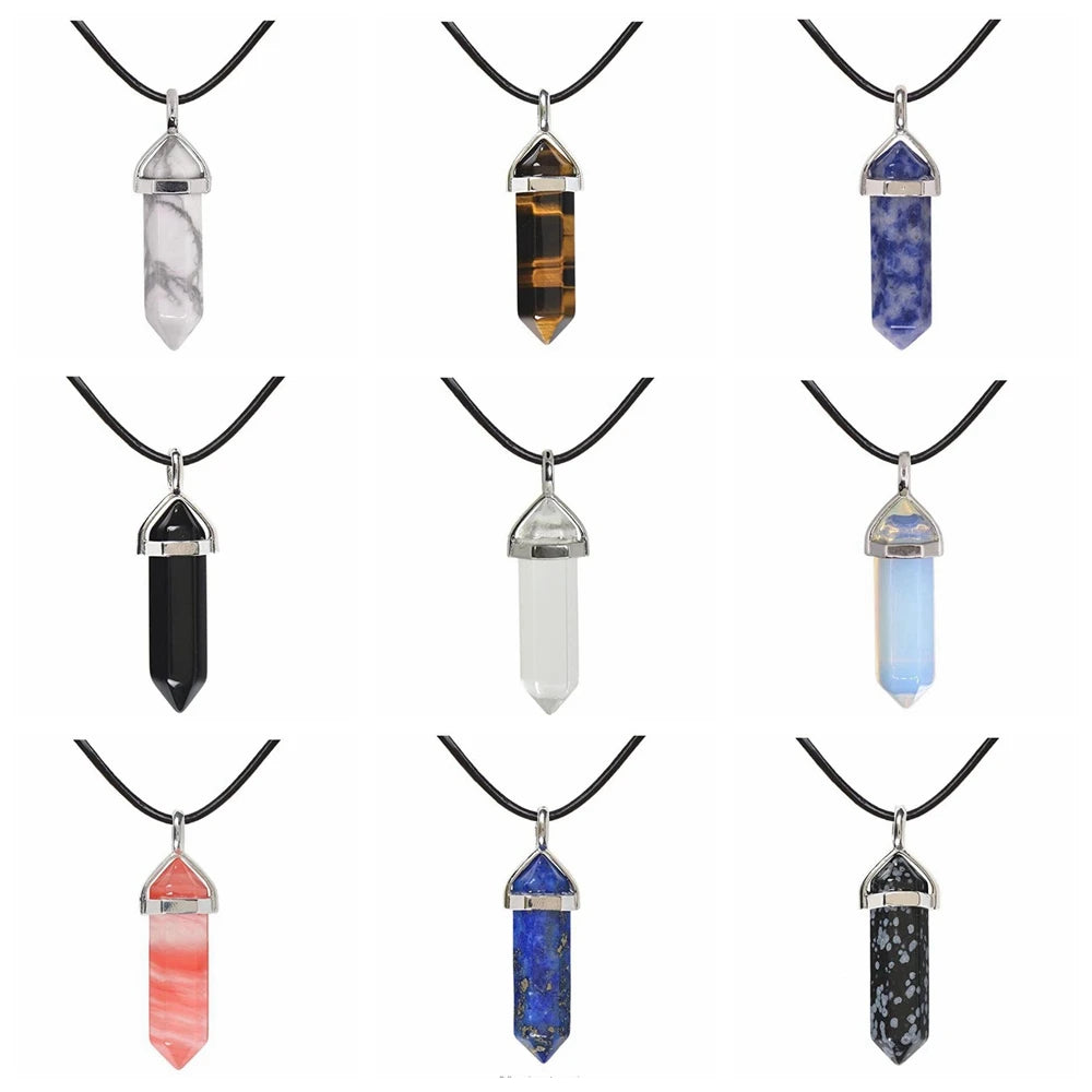Hexagonal Natural Crystal Pendant Necklace, Silver Wrapped Crystal Point Stone Necklace, Chakra Healing Gemstone on Black Leather Rope, Reiki Meditation Crystal Jewelry