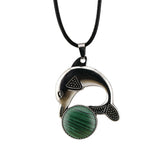 Bohemian Silver Marine Dolphin Cord Necklace • Cute Sea Animal Crystal Sphere Holder Pendant • Unisex Surf Coastal Beach Wear Jewelry Gift