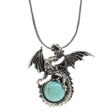 Epic Fantasy Dragon Orb Necklace Set - Punk Rock Biker Winged Dragon Guardian Crystal Pendant with 45cm Snake Chain