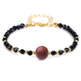 4mm Faceted Black Crystal Beaded Bracelet with 10mm Natural Stone Center Bead Gold Plated Adjustable Extension Chain Chakra Healing Bracelet for Women