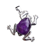 Natural Gemstone Frog Pendant Silver‑Tone Alloy Animal Charm Teardrop Inlaid Crystal Stone 25x27mm Chakra Reiki Healing Pendant for DIY Necklace Jewelry