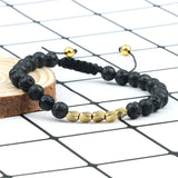 Men Natural Tiger Eye Black Onyx Lava Rock Bracelet, Adjustable Slider Braided Rope Beaded Bracelet with Gold Spacer Beads Energy Healing Wrist Jewelry