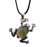 Natural Gemstone Frog Pendant Necklace Teardrop Inlaid Crystal Stone Silver‑Tone Metal Frog Charm 25x27mm Reiki Chakra Healing Stone Pendant With Wax Rope Cord for Women Jewelry Gift Bulk