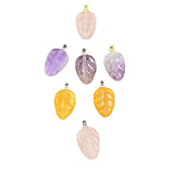 Hand Carved Natural Crystal Leaf Pendant Charms, Mixed Amethyst Rose Quartz Yellow Jade Tree Leaf Gemstone Beads for DIY Necklace Jewelry Making Findings