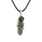 Vintage Rose Wrapped Crystal Pendant Necklace • Hexagonal Bullet Stone Charm • Boho Black Cord Healing Quartz Spiritual Jewelry