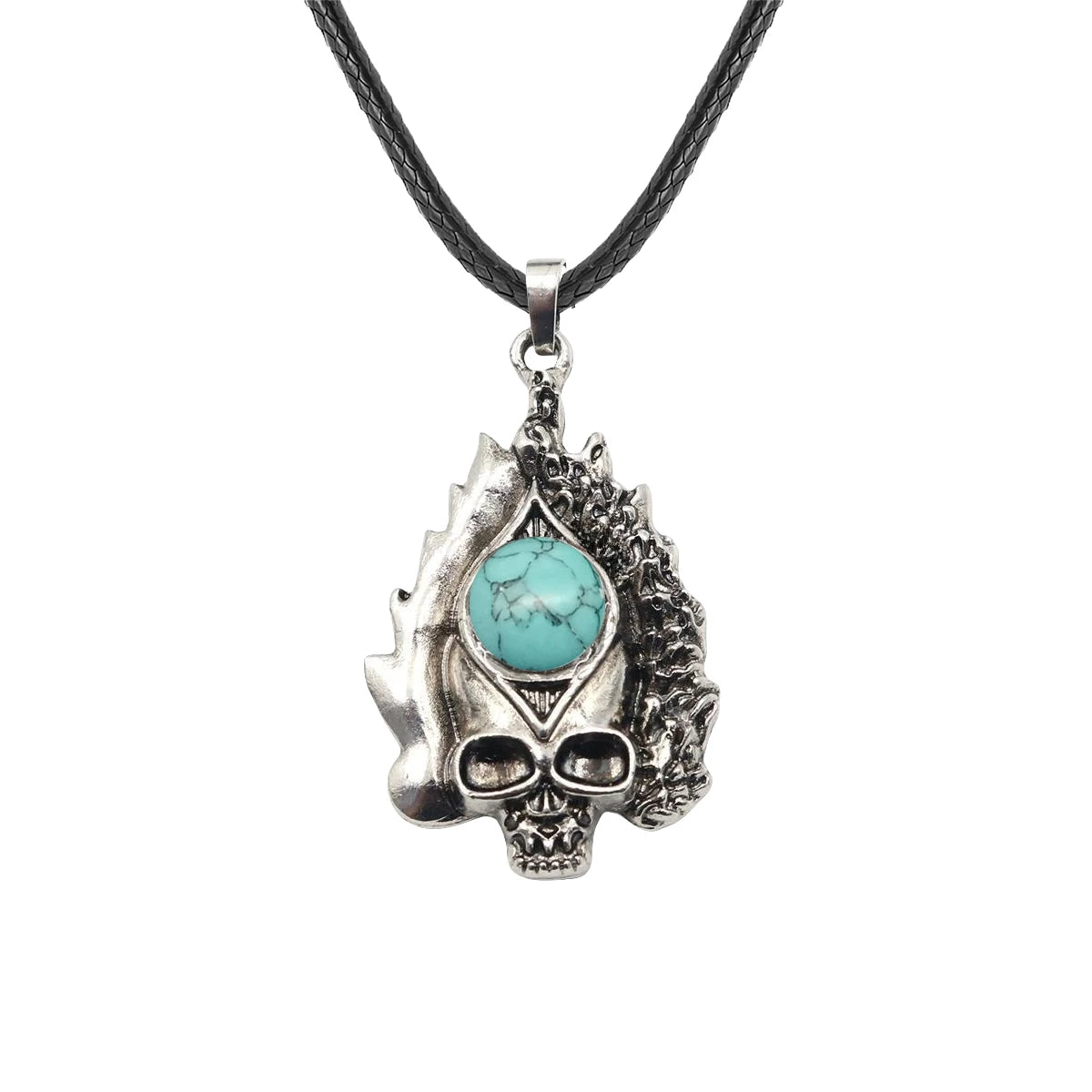 Dark Culture Silver Skull Fire Amulet Necklace • Vintage Biker Flame Skeleton Crystal Holder Pendant • Unisex Hip Hop Streetwear Jewelry