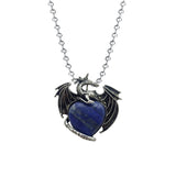 Vintage Medieval Dragon Heart Necklace | Natural Crystal Lapis Rose Quartz Turquoise Charm with Iron Bead Chain | Whimsical Halloween Protection Gift