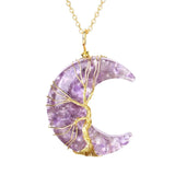 Dainty Gold Crescent Moon Pendant Necklace • Resin Crystal Chip Tree of Life Charm • Wiccan Goddess Spiritual Healing Crystal Jewelry