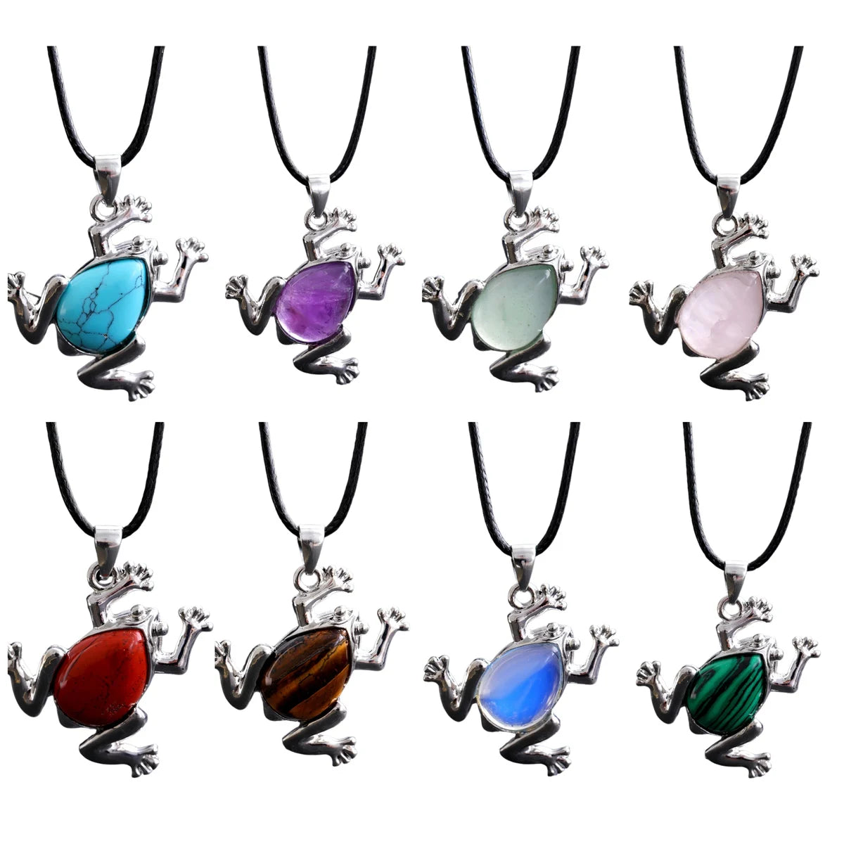 Natural Gemstone Frog Pendant Necklace Teardrop Inlaid Crystal Stone Silver‑Tone Metal Frog Charm 25x27mm Reiki Chakra Healing Stone Pendant With Wax Rope Cord for Women Jewelry Gift Bulk